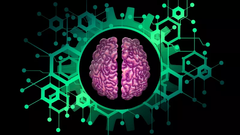 Középen agy rajza, melyet fogaskerekek vesznek körül.