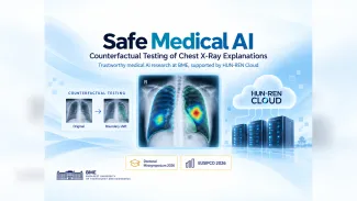 Illustration of the Safe Medical AI project, showing chest X-ray segmentation, counterfactual explanation testing, and HUN-REN Cloud computing support, with references to BME, the Doctoral Minisymposium 2026, and EUSIPCO 2026.